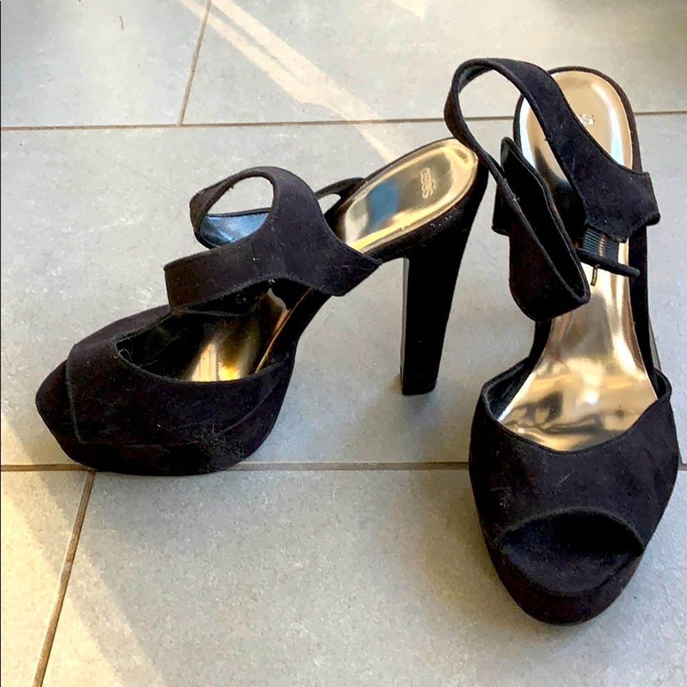 ASOS black suede platform heeled sandals